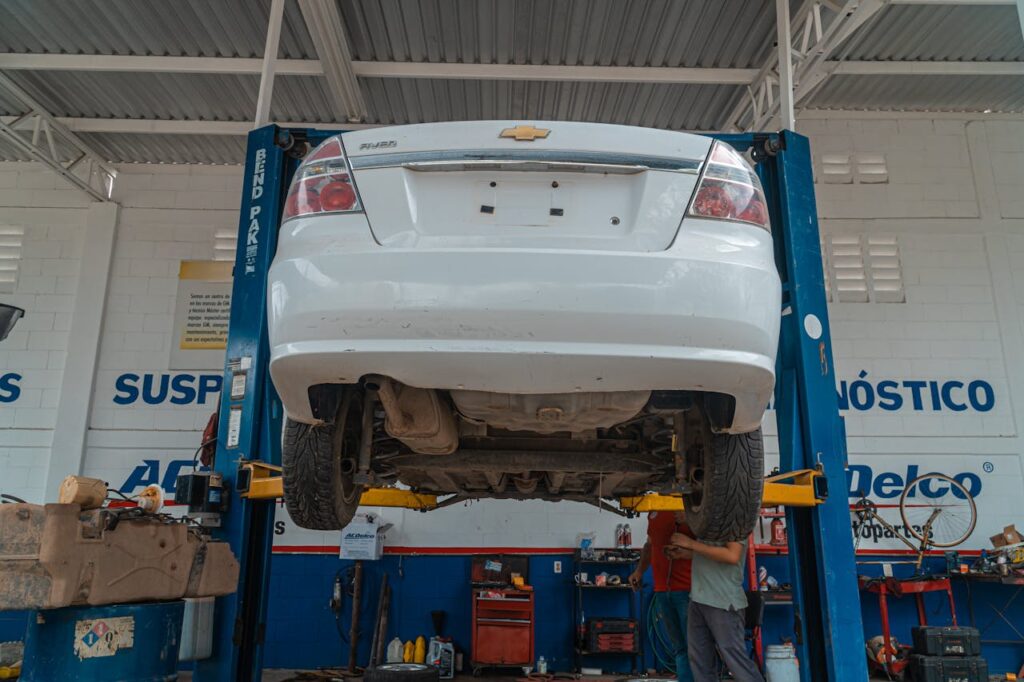 White Car In A Repair Shop